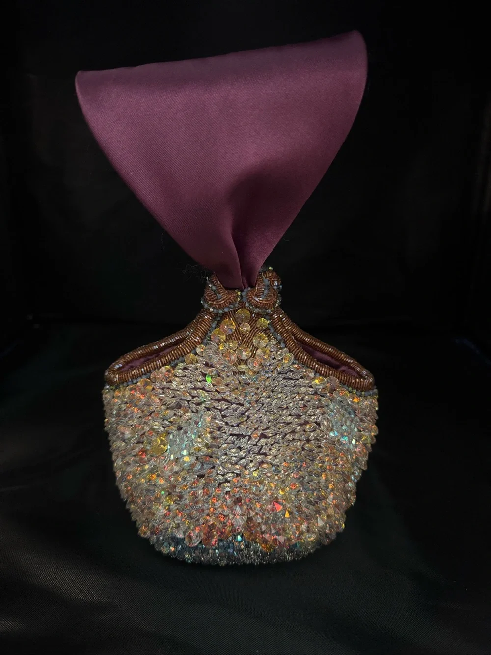 Vintage Swarovski Crystal-Embellished Evening Handbag with Plum Satin Sash Handl - Picture 7 of 8
